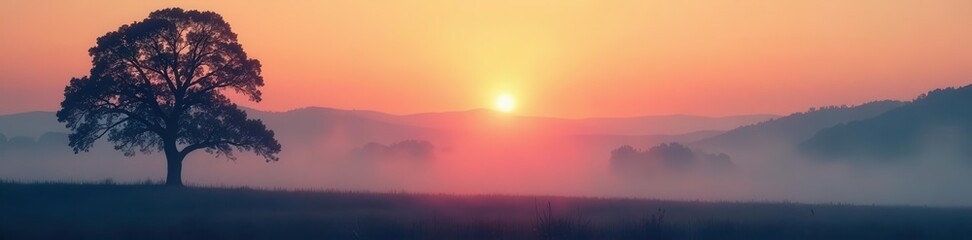 Obraz premium Misty dawn, dark tree silhouettes against pale sky, rural, fog