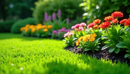 Fototapeta premium Neat lawn, lush groundcover spilling into flowerbed, groundcover, yard