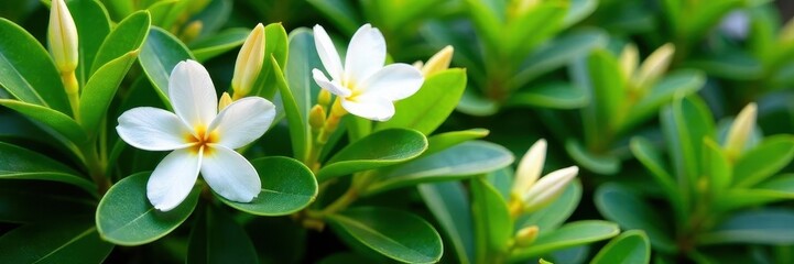 Obraz premium Oleander bush with lush green leaves and white flowers, foliage, detail