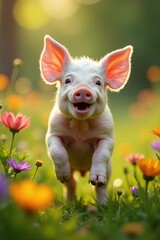 Playful piglet frolics amidst vibrant wildflowers , cute, spring