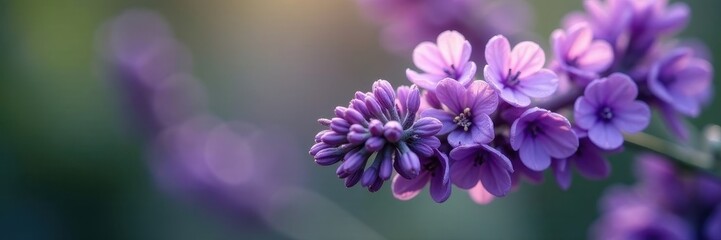 Obraz premium Purple lavender blossoms close-up, dew drops visible, fragrance, texture, botany