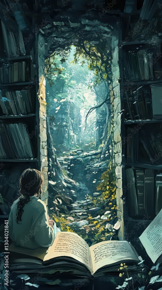 Poster a person reads with a view of nature from inside a library