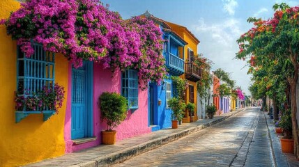 Naklejka premium A colorful street in Cartagena, Colombia, with blooming bougainvillea and colonial architecture during spring