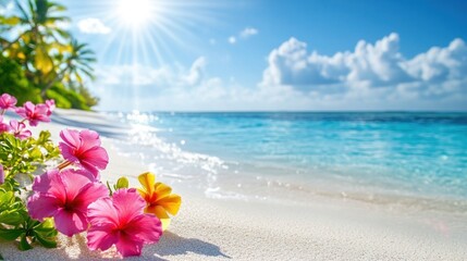 A serene beach in the Maldives with blooming tropical flowers and clear turquoise waters under a spring sky