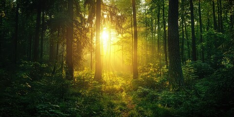 Naklejka premium A symphony of golden light and greenery, turning the forest into paradise