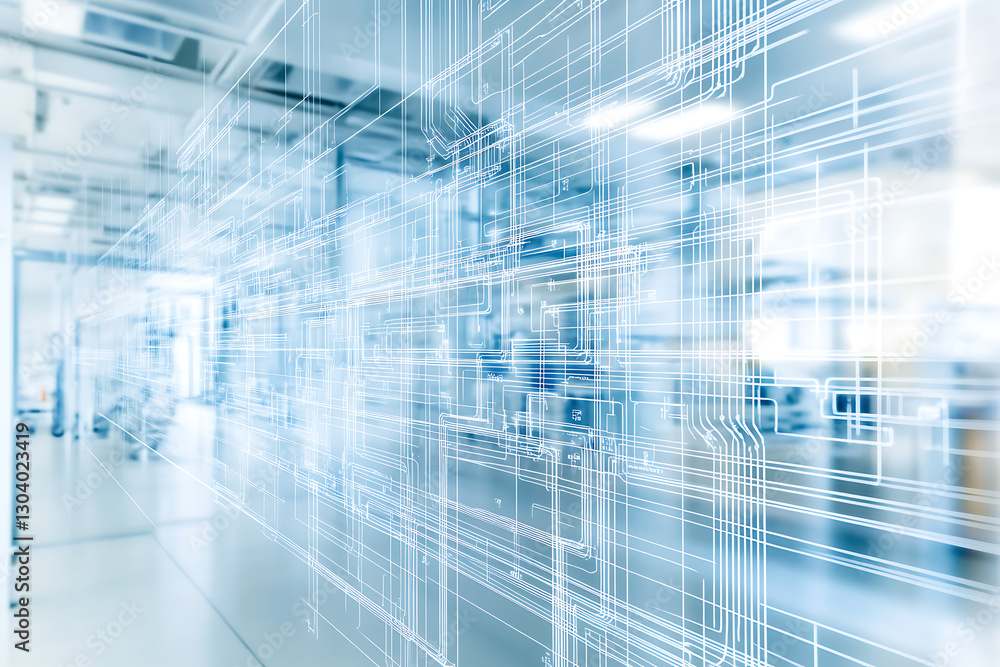 Poster exploring technological innovation in modern industry digital networking concepts in a high-tech env