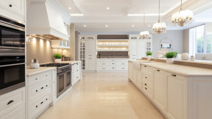 stunning neoclassical kitchen featuring white cabinetry, elegant lighting, and spacious layout. beige countertops complement overall design, creating warm and inviting atmosphere