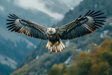 Obraz premium Majestic bald eagle flying over mountains with spread wings