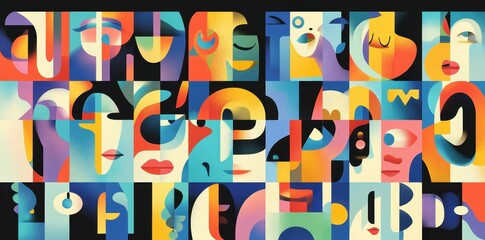 A colorful grid features abstract geometric faces with varied expressions