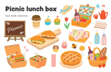 ピクニックのお弁当や食べ物の手書きイラストセット