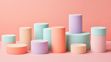 Creative display of colorful cylinders modern studio photography soft tones top view abstract design