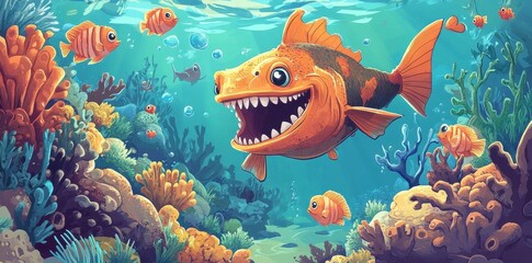 Fototapeta premium A large grinning fish swimming through a colorful coral reef