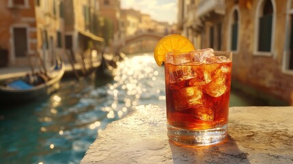 A refreshing cocktail with an ice cube and orange slice garnish. World Cocktail Day