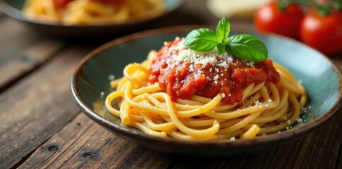 Rustic wood, tangled tagliatelle, vibrant tomato sauce, parmesan, basil , plate, appetizing