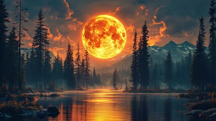 Magic landscape with pine tree forest under dramatic cloudy sky at full moon mysterious night - Powered by Adobe