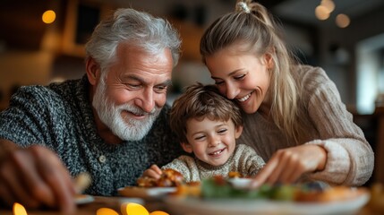 Obraz premium Family gathered in a warm home for Christmas dinner, with glowing lights and festive cheer