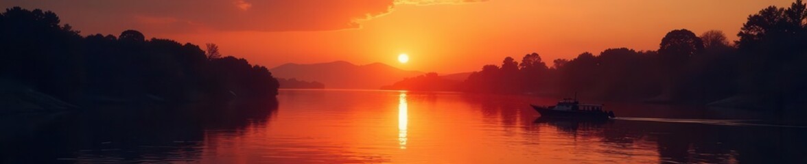 Fototapeta premium Silhouetted boat, warm lights illuminate river at sunset , mood, element