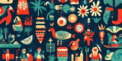 An abstract colorful folk art illustration featuring various cultural symbols