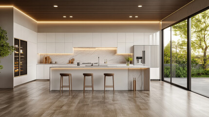 Modern kitchen with minimalist design, featuring sleek cabinetry, marble backsplash, and wooden accents. Bright and airy space with large windows and natural light