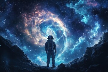 An astronaut observes the vast and beautiful celestial expanse of space