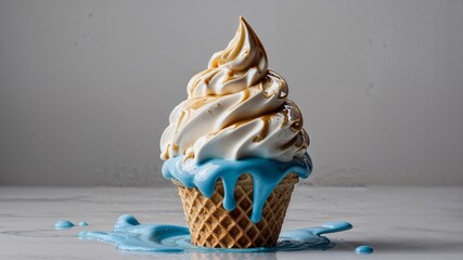 The smooth appearance of a soft ice cream cone with a melting texture. Generative AI.