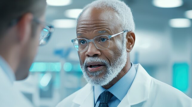 Senior doctor consulting colleague in lab.