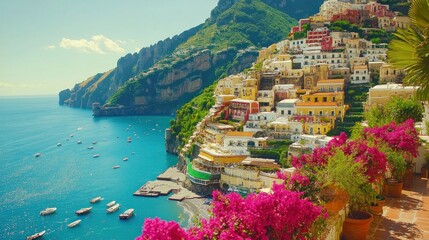 The stunning Amalfi Coast in Italy with blooming spring flowers on terraces overlooking the turquoise sea