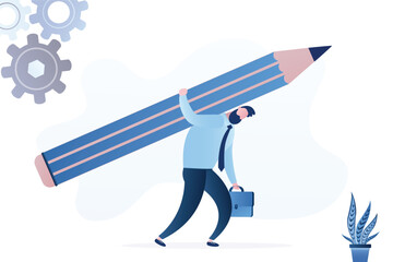Efforts in business development. Businessman taking heavy pressure, man carry huge pencil. Male writer or blogger with burnout, emotional stress. Effectiveness and productive.