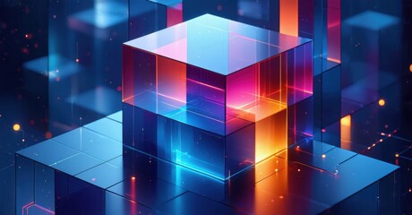 Dynamic futuristic cube depth soft coral deep navy neon cyan stacked elegant floating 3d abstract high tech gradient