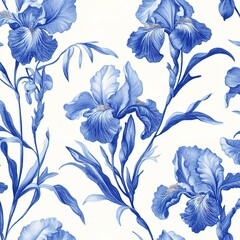 Fototapeta premium The elegant blue and white chinoiserie floral pattern features delicate iris flowers, meticulously hand-painted with intricate detail.