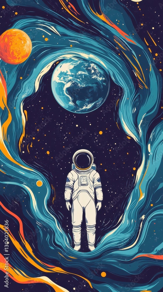 Poster an astronaut exploring the cosmos with planets in colorful space