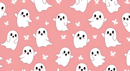 Cute cartoon ghosts, Halloween pattern, pink background, white ghosts, black witch hat, kawaii style, seamless repeat pattern, playful spooky design, childlike illustration, whimsical ghosts, polka do