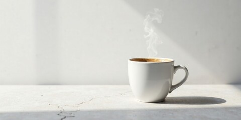 Aromatic Steam Rising from a White Mug of Coffee on a Light Surface