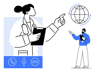 Doctor holding clipboard during virtual consultation, patient interacts via video call. Ideal for telemedicine, online healthcare, global connection, remote diagnosis, patient care, communication