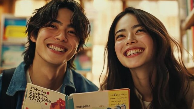 Joyful Reading: A captivating couple shares a genuine moment of delight while engrossed in reading, radiating warmth and contentment as they connect through shared interests.