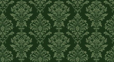 Fototapeta premium Ornate damask pattern, deep forest green wallpaper, intricate floral motifs, Victorian-style design, seamless repeat, rich textures, elegant baroque elements, vintage interior decor, symmetrical patte