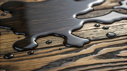 A detailed image of an oil spill on a textured wooden surface, capturing the natural wood grain interacting with dark, slick oil patterns.