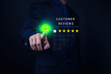Business concept satisfaction survey, users rate service experience in online application, rate business with best quality in customer service.