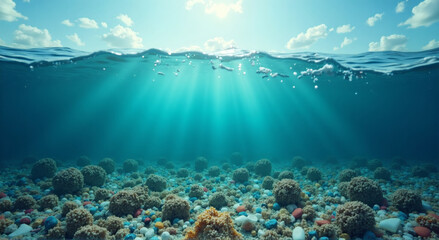 Obraz premium above and underwater in one image, showing sky and deep of the ocean