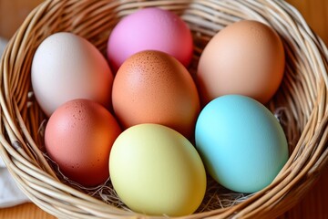A basket of colorful, farm-fresh eggs labeled as "hormone-free and chemical-free"