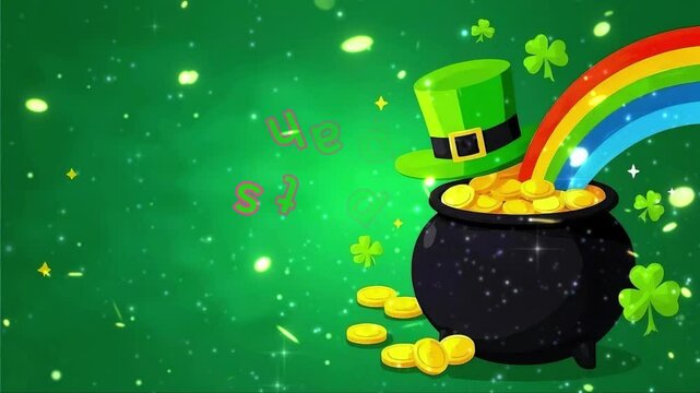 happy st patricks day text animated rainbow magical rainbow that leafs to the pot hat of gold coins on a green background 4k video st patricks day background