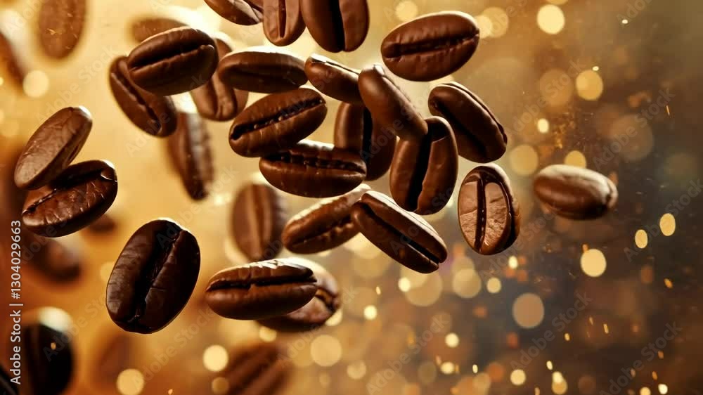 Poster close-up video of coffee beans mid-air with a bokeh background. captured at a low angle, creating a 