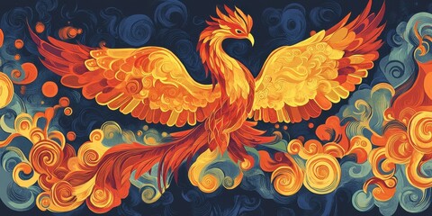 Obraz premium Majestic phoenix displaying wings and surrounded by swirls and flames