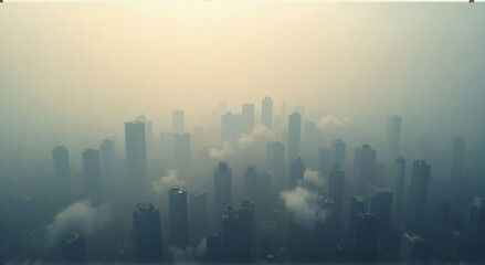 Fototapeta premium Aerial City Smog Pollution, An aerial view of a metropolis hidden beneath a thick blanket of smog. The hazy layers mix with natural clouds