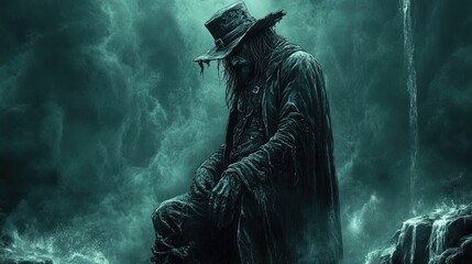 Obraz premium Dark, brooding vampire figure in stormy atmosphere. Possible stock photo use