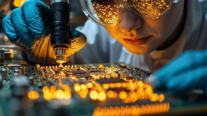 Precision in the Lab: A dedicated scientist, adorned with safety glasses and gloves, meticulously examines a complex circuit board, embodying innovation and the pursuit of knowledge.