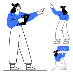 Woman with tablet gestures, communicates ideas, writes programming code, and participates in teamwork. Ideal for technology, communication, creativity, teamwork, problem solving education