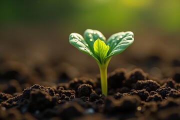 Fresh Green Sprout Emerging from Dark Soil Under Soft Light