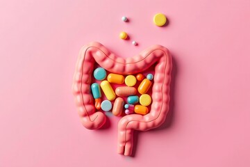 Colorful Pills Inside a Stylized Intestine on a Pink Background