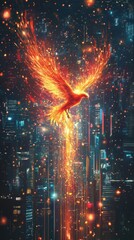 Fototapeta premium A fiery bird ascends from the city skyline at night